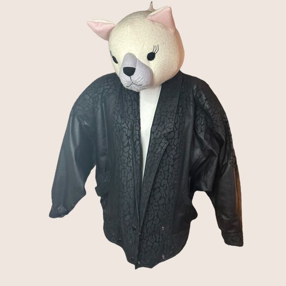 🖤 VTG 1980s WINLOCK GENUINE LEATHER JACKET COAT LEOPARD ANIMAL CONTRAST MEDIUM - Picture 2 of 14